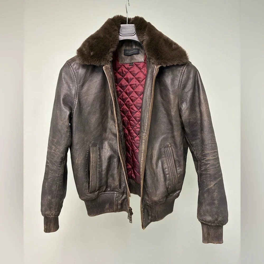 John Varvatos TommyLeather Bomber with Removable Shearling Collar Small - Picture 2 of 16